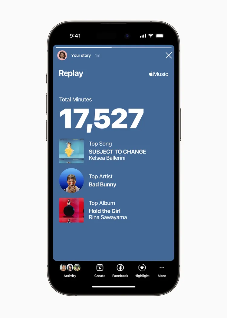Apple Music Replay可探索聆聽統計資料並分享內容。業者提供