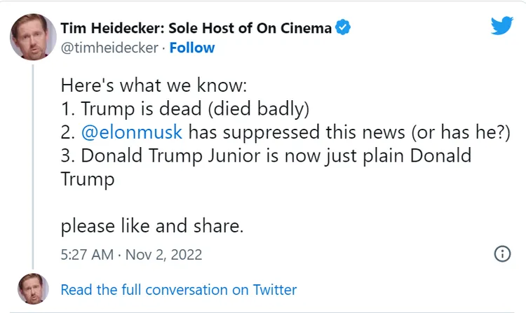 海德克發起川普已死假消息。翻攝推特