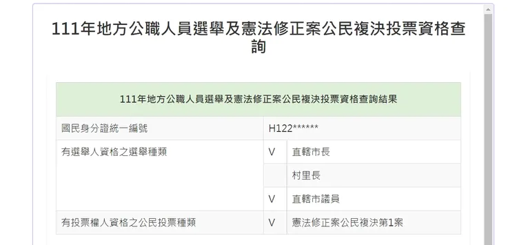 民眾可上網查詢自己可投那些票。翻攝自戶政司網站