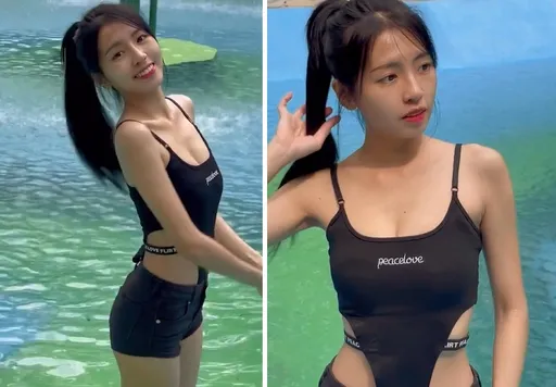 一起去玩水嗎?超養眼長髮美女 黑高衩泳裝一回眸甜笑熱意全消