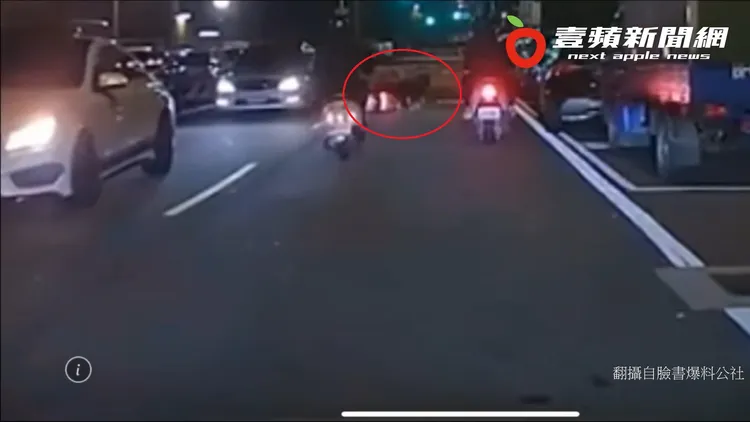 蛇行的機車騎士（紅圈處）不慎側翻倒地。翻攝自臉書「爆料公社」