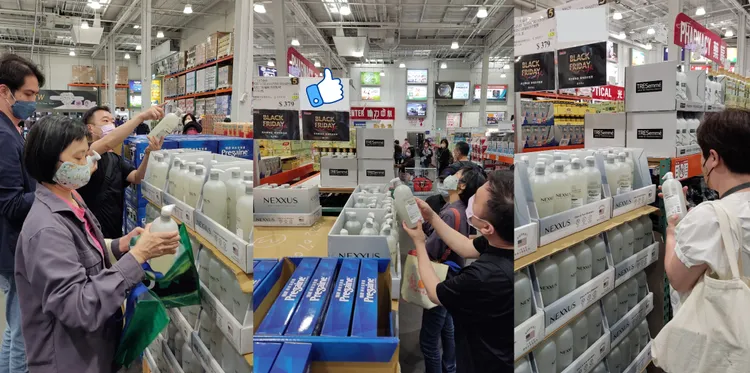 在台灣終於也可以買到的美國原裝進口Nexxus深層純淨洗髮精，貨架前一直有比價及研究的民眾。