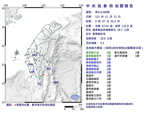 09:47台東地震5.3規模 最大震度4級