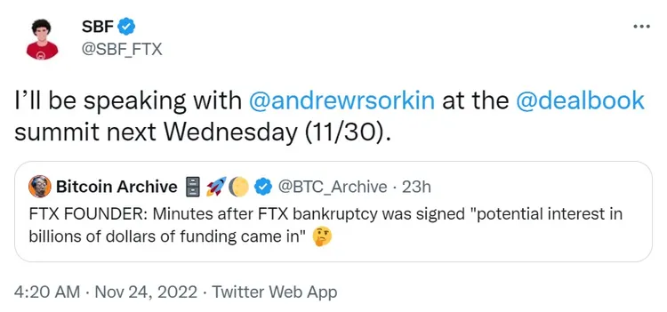 班克曼-佛瑞德在推特宣布將出席DealBook峰會。翻攝SBF推特@SBF_FTX