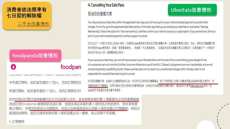 foodpanda及UberEats者已提供消費者《消保法》第19條之規定，享有7日內解除契約權利。台北市法務局提供