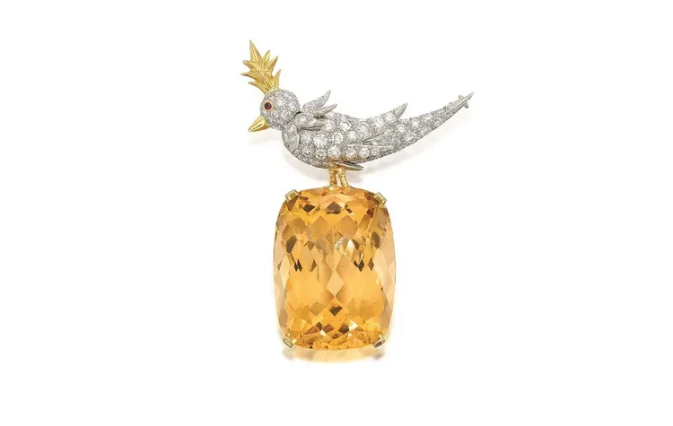 TIFFANY Schlumberger Bird On A Rock黃水晶胸針，黃水晶重達61.21克拉，估價約62萬1000元台幣。品牌提供
