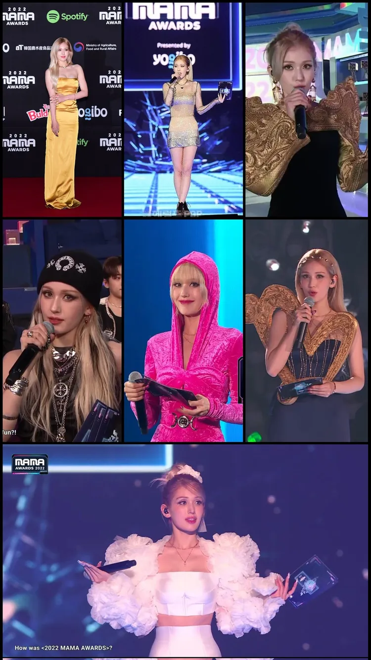 全昭彌昨連換7套服裝，從走紅毯的黃金爆乳裝（上排左），到主持典禮的網狀透視裝、嘻哈妹、豎琴裝等各種風格打扮，都能輕鬆駕馭。翻攝Mnet