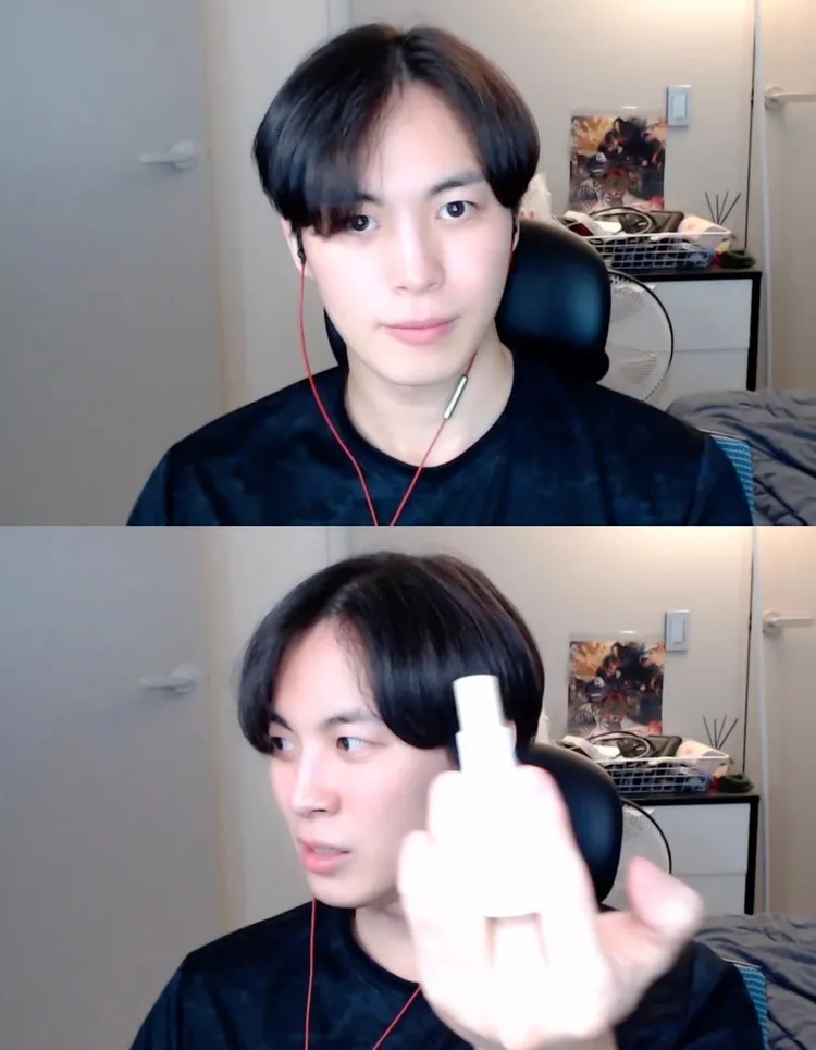 弘彬不爽被點名，昨直播中拿出護唇口放在中指，對媒體嗆聲。翻攝推特