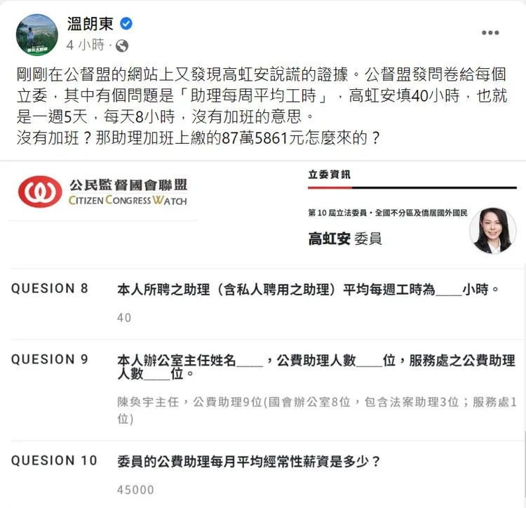 溫朗東質疑高虹安說謊。翻攝自溫朗東臉書