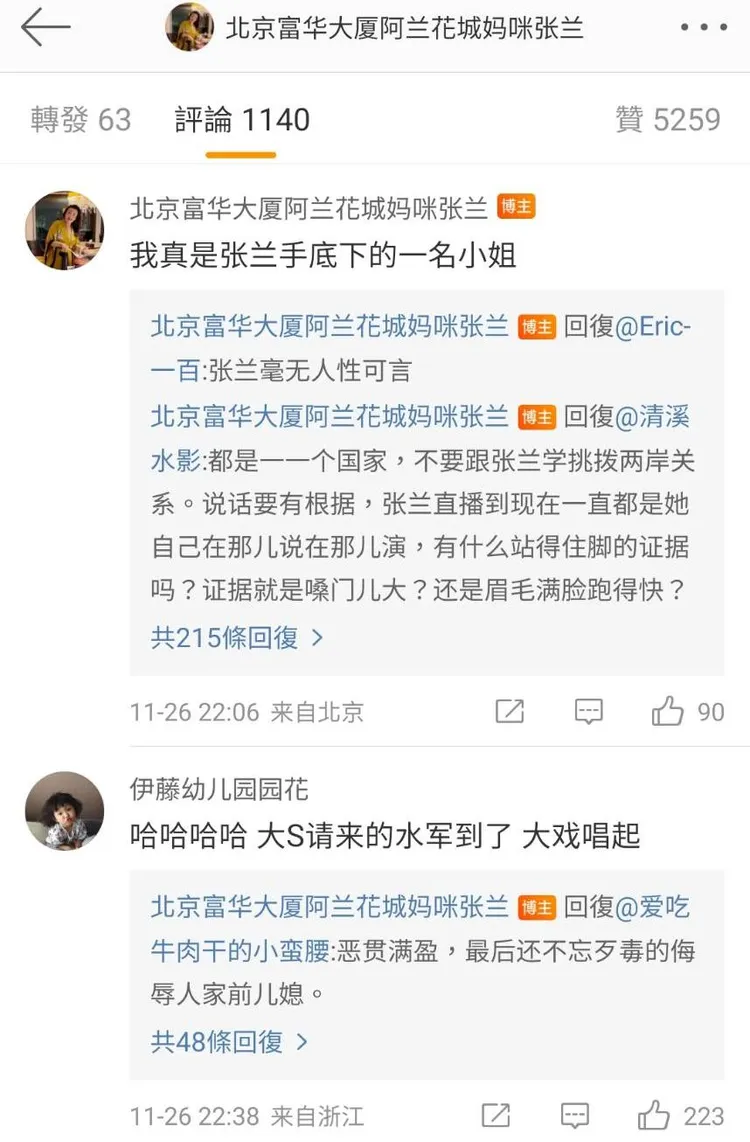 網友針對張蘭爆料。翻攝北京富華大廈阿蘭花城媽咪張蘭微博