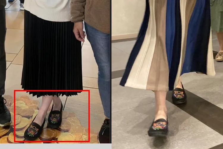 高嘉瑜當天吃高檔餐廳穿的KENZO刺繡老虎休閒鞋（右圖，特勤中心攝）也曾在臉書（左圖，翻攝高嘉瑜臉書）上出現過。