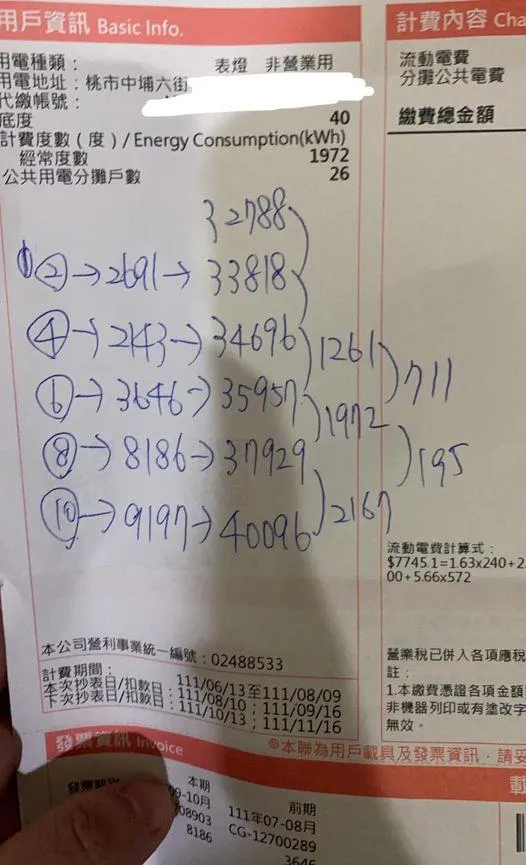 當事人貼出她自己計算近五期的電費及用電度數，感到相當不合理。翻攝自臉書「爆料公社」
