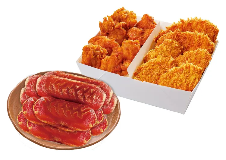 派對餐盒，售價599元，可選擇腰內豬排×8+唐揚雞×8或里肌豬排×2+腰內豬排×4+唐揚雞×8，買再送維也納香腸11根。業者提供