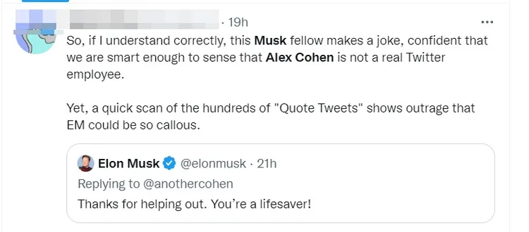 另一名網友指出，馬斯克是在反諷柯恩。翻攝推特@markAcorn