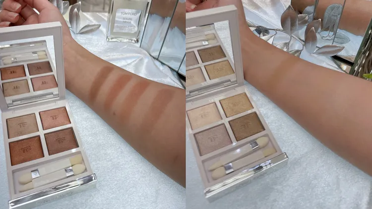 太陽輕吻訂製香檳4格眼盤#冰川虹光（左）、#白熾琥珀（右），各3350元。張家玲攝