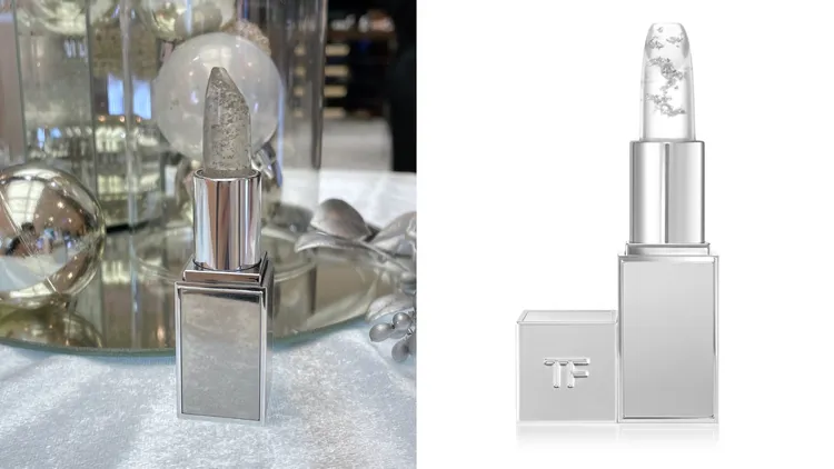 太陽輕吻訂製香檳銀箔潤唇膏，2000元。左圖張家玲攝、右圖品牌提供