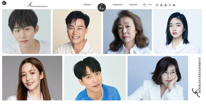 除了朴敏英（下排左起），Hook娛樂旗下還有李昇基、李仙姬、李瑞鎮（上排左二起）、尹汝貞等大牌藝人。翻攝Hook娛樂官網