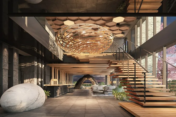 總價1600萬元在竹圍還有機會入手新房子，例如竹林路與民富街口的預售大樓「森原樹」，主力格局27－43坪，每坪開價50萬元起，換算總價1350萬元起就有機會入手，圖為森原樹管委會公設示意圖。翻攝森原樹官網