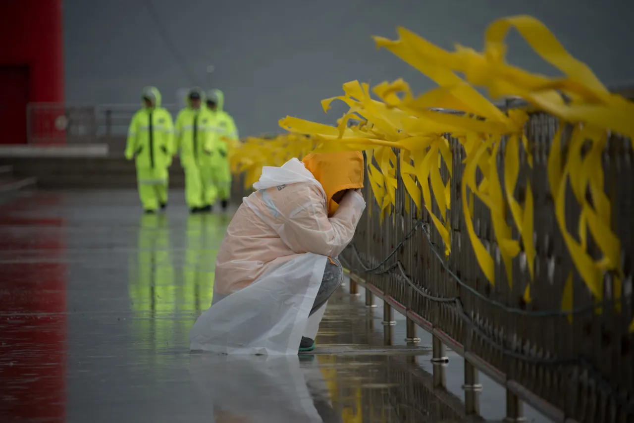 2014年世越號罹難者的家屬在岸邊掩面痛哭。法新社