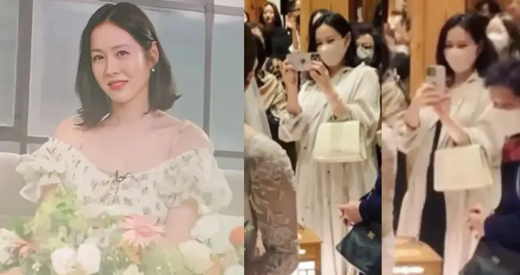 孫藝真（左圖）懷孕後首度亮相，9月參加線上見面會，10月現身朋友婚禮巨肚曝光。翻攝推特、IG