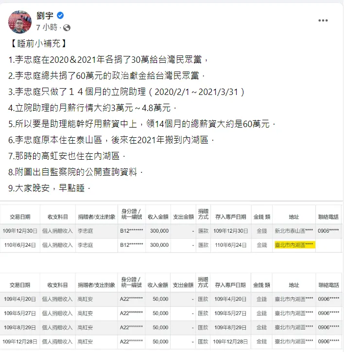 四叉貓以監察院的公開查詢資料，揭涉助理費的流向，疑都進入民眾黨的專戶。翻攝劉宇臉書
