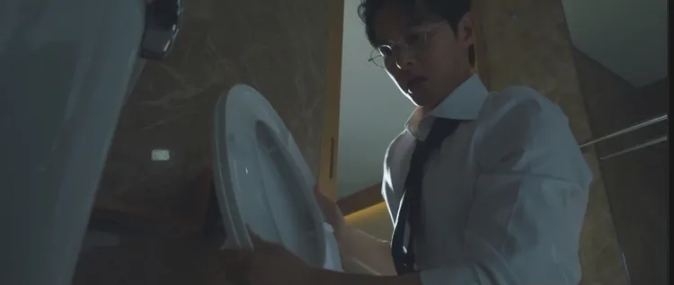 宋仲基首集吃足苦頭，不僅被副會長從頭淋茶，還被財團夫人使喚換醫院的馬桶蓋。翻攝friDay影音