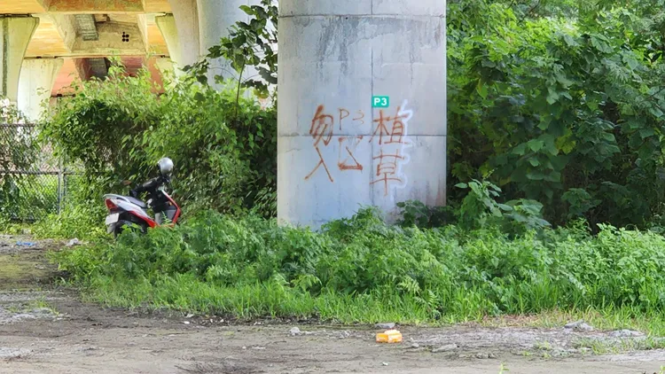 老翁陳屍在機車旁草叢。黃瑞娟攝