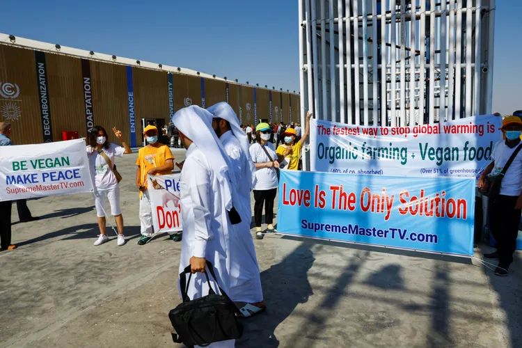 提倡蔬食的還團體6日在COP27會場入口拉布條表達訴求。路透社