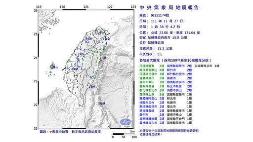 凌晨1:38規模5.5地震　花蓮南投最大震度4級
