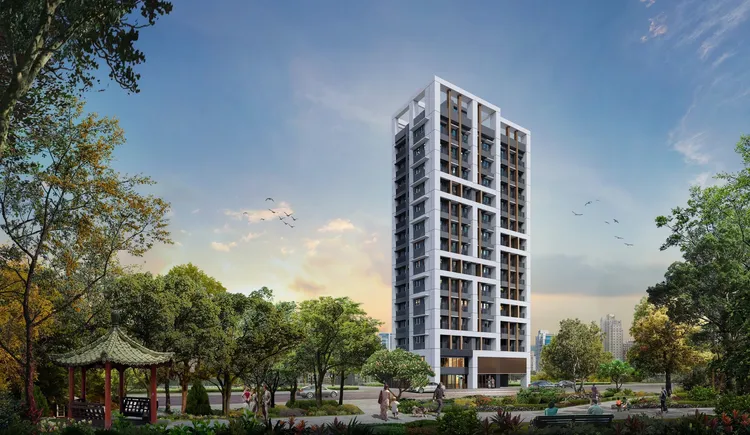 安東街憑藉優渥的地段條件，成功吸引建商插旗，例如預售案「親家JIA」標榜鄰近捷運、SOGO百貨商場的精品公園宅，每坪開價167萬元起，3D示意圖。翻攝「親家JIA」臉書