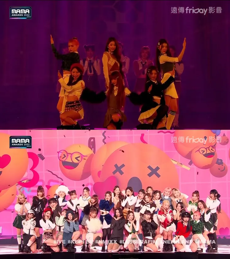 5大新人女團共32人打散重組合作表演（上圖），最後帶來TWICE的《Cheer Up》。翻攝friDay影音