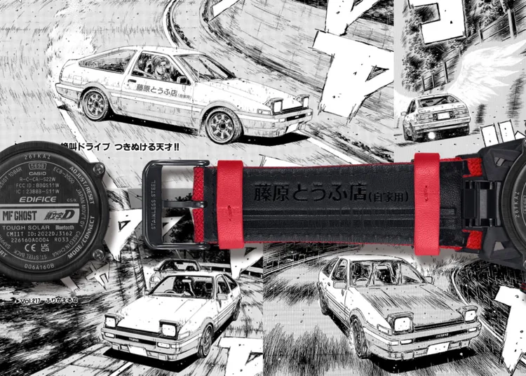錶帶內側壓印《頭文字D》主角藤原拓海所駕TOYOTA AE86跑車上的「藤原とうふ店」（自家用）字樣。品牌提供