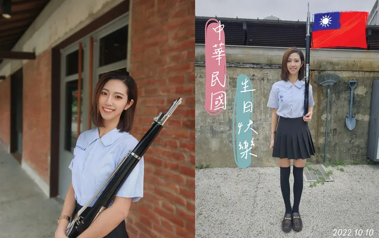 身高163公分的何芝寧有著一雙逆天長腿，她因2張祝福中華民國生日快樂的照片迅速在網路爆紅。何芝寧提供