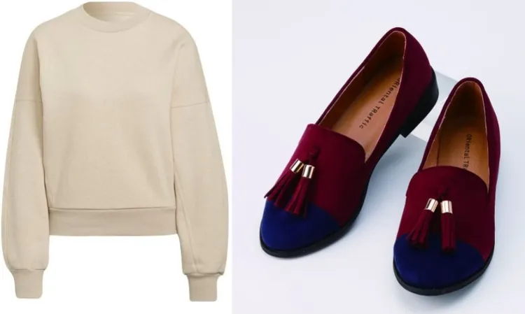 ADIDAS女款休閒上衣(左)原價1990元，特價959元(4.9折)。ORiental TRaffic經典流蘇樂福鞋原價3980元，特價500 元(1.3折)