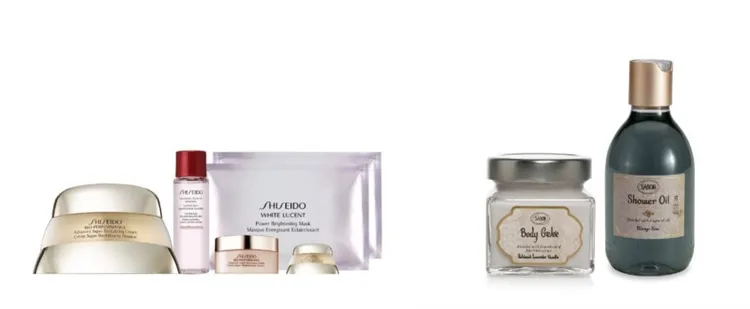 SHISEIDO NO.1乳霜王組(左)，原價5324元，特價2520元。SABON清爽保濕沐浴組(右)原價2500元，特價2260元。