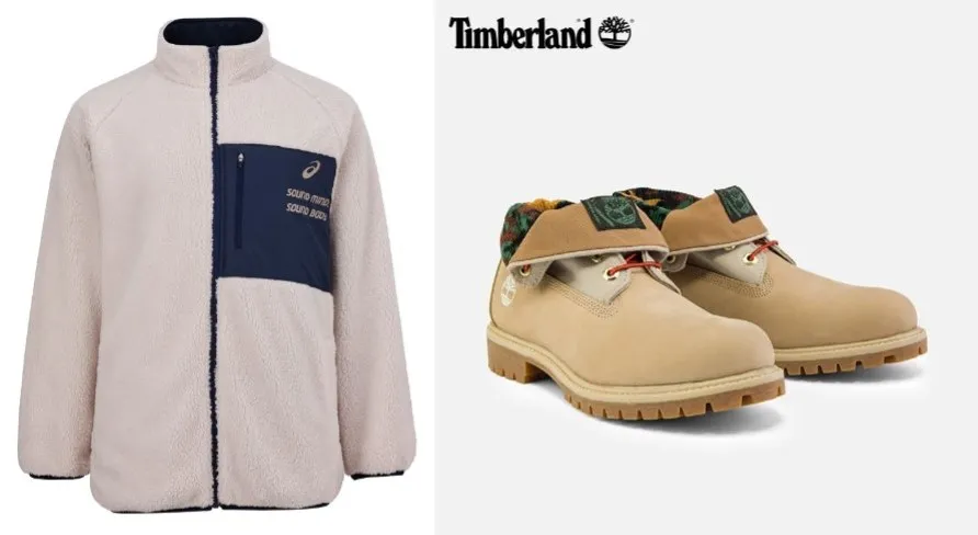 天冷一样要很潮!asics 山系羔羊绒双面外套原价3980元,特价1980元。Timberland新款户外休闲皮革高筒翻靴两穿马丁靴,原价6500元,特价3290元(5.1折)