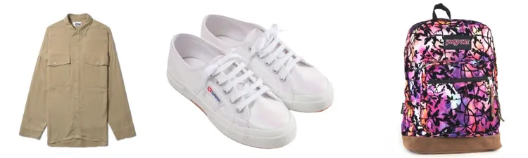 izzue長袖襯衫(左)原價4150元，特價1600元(3.9折)。SUPERGA經典金屬光特別款(中)原價2380元，特價990元(4.2折)。Coleman Jan Sport祕密花園背包(右)原價2700元，特價1200元(4.5折)