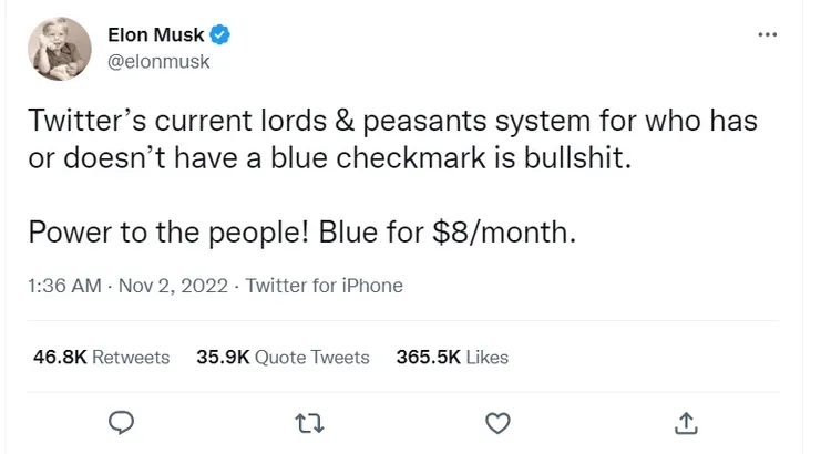 馬斯克在推特發文，表示將向藍色勾勾用戶收月費8美元。翻攝推特@elonmusk