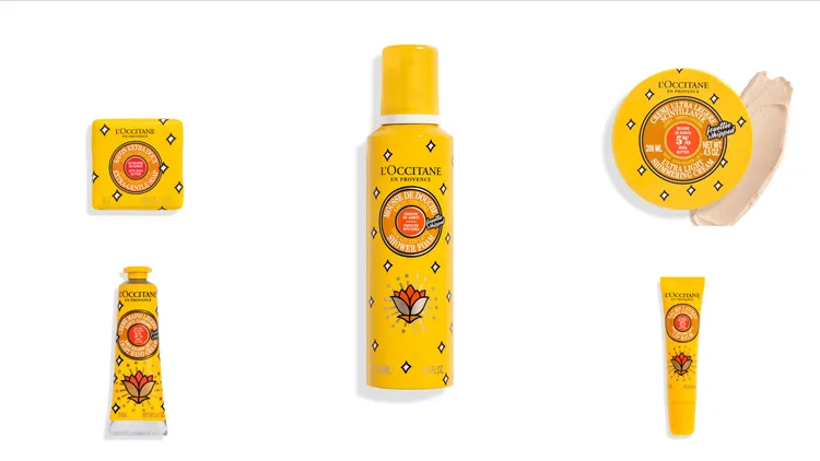 繽紛乳油木金黃拿鐵系列（左側上至下）香氛皂50g／250元、舒芙護手霜30ml／400元；沐浴泡（中）200ml／880元；（右側上至下）舒芙身體霜200ml／1780元、護唇膏12ml／400元。品牌提供