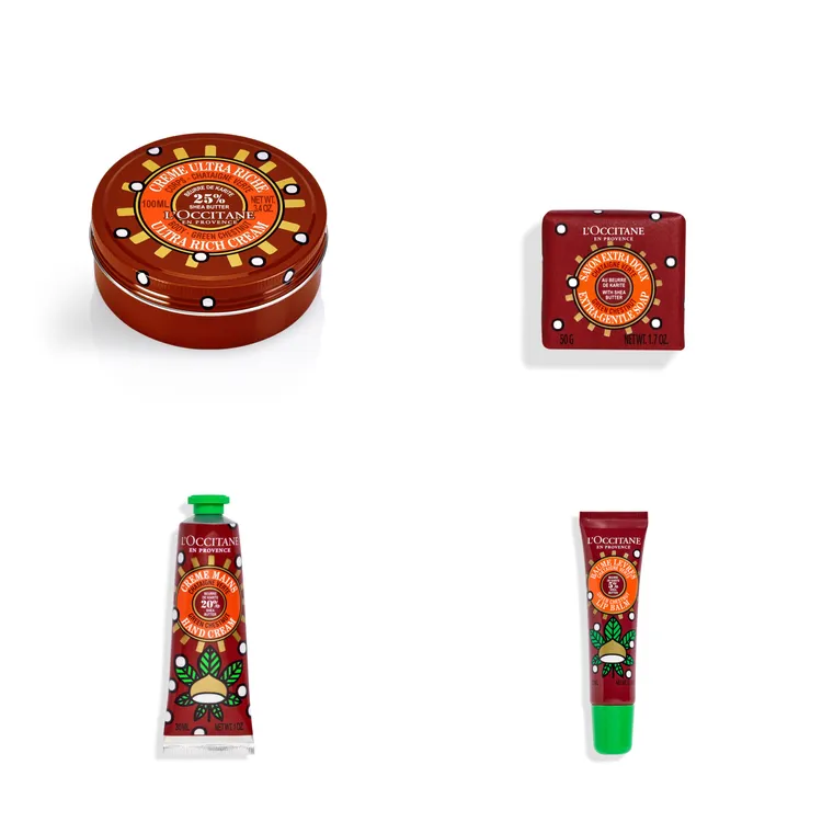 繽紛乳油木蒙布朗系列（上排左至右）保濕身體霜100ml／1300元、香氛皂50g／250元；（下排左至右）護手霜30m／400元、護唇膏12ml／400元。品牌提供