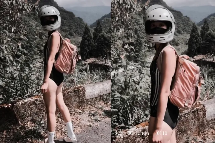 穿著高衩泳裝的辣妹騎重機，讓車友直呼太狠。IG @chun___0110 授權刊登