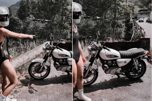 重機女孩太狠了! 開高衩泳裝騎車是要害多少男人摔車?