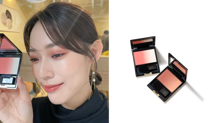 Model示範晶采淨妍頰彩#136雪籠，各2100元。左圖張家玲攝、右圖品牌提供