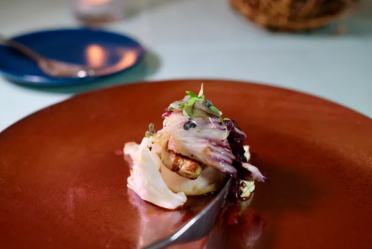 「梨山蘋果雞」同時有腿肉、胸肉，還有煎到酥香的鴨肝，外圈則為梨山高麗菜與紫高麗葉。葉盛耀攝