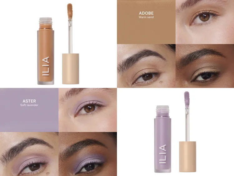 ILIA幻彩柔霧眼影蜜，#ADOBE黎明暖砂（上）、#ASTER霧靄紫藤（下），各1050元。品牌提供