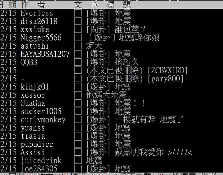 網友都被地震嚇壞了，八卦板被地震文洗版。引自批踢踢