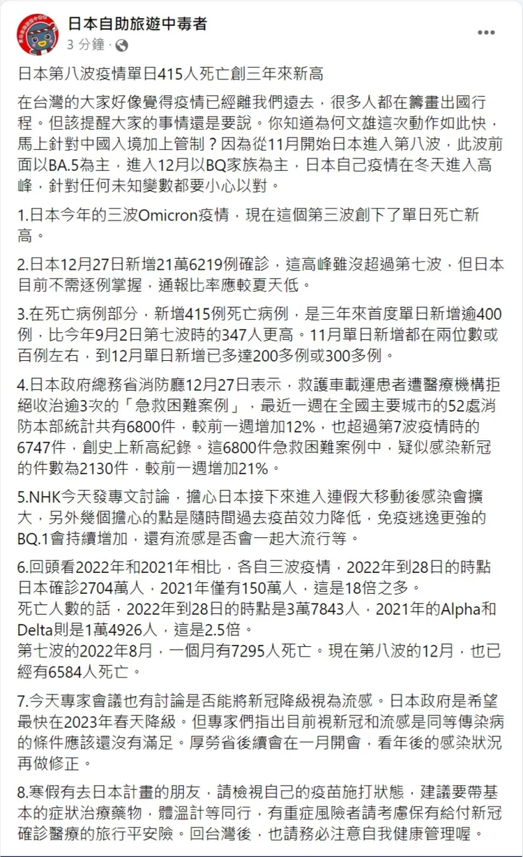 林氏璧分析日本第八波疫情。翻攝自「日本自助旅遊中毒者」