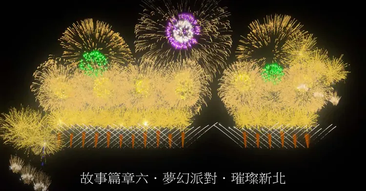 今年新北跨年煙火秀長達13分14秒，圖為模擬畫面。新北水利局提供