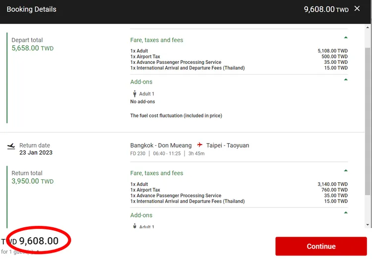 以1/20出發、1/23回程計算，目前可查到「台北-曼谷」最低價為來回含稅9608元。翻攝AirAsia官網