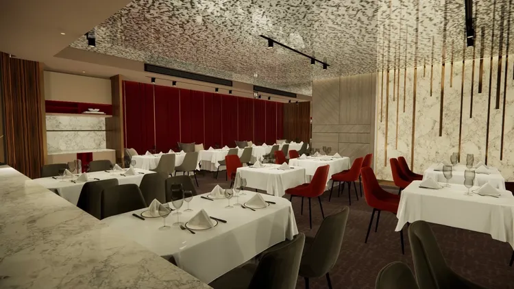 王品牛排中山北店正式改裝完成，新裝採明亮摩登風格，充滿聖誕感的紅、白配色。業者提供